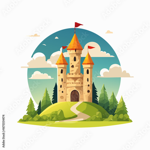 Castello fiabesco in collina con torri medievali e bandiere rosse