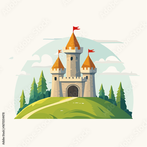 Castello fiabesco in collina con torri medievali e bandiere rosse