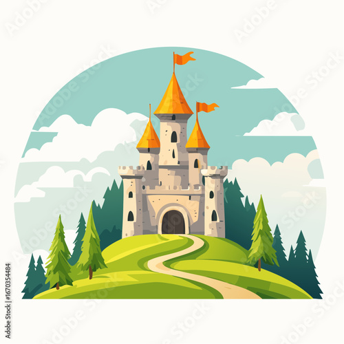 Castello fiabesco in collina con torri medievali e bandiere rosse