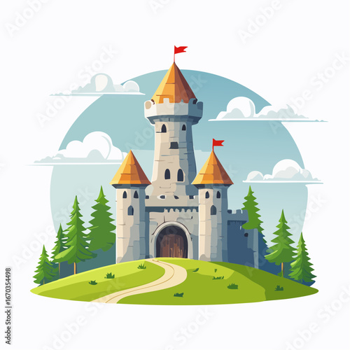 Castello fiabesco in collina con torri medievali e bandiere rosse