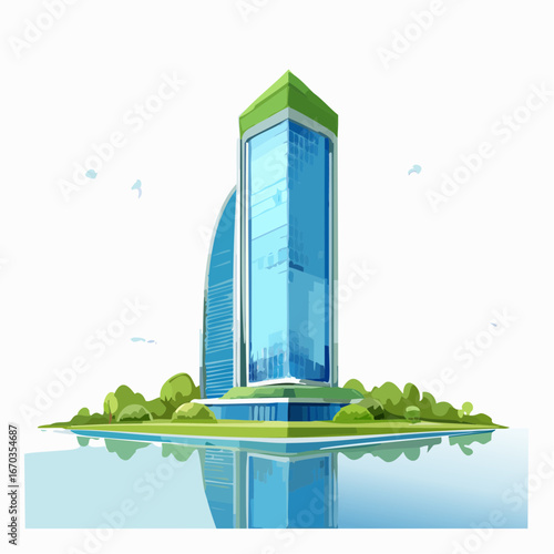 水辺に映るガラスのオフィスタワー — サステナブル都市建築のコーポレートイラスト