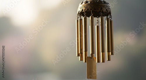 Golden Wind Chime Hanging Outdoors in Soft Light with Calming Background