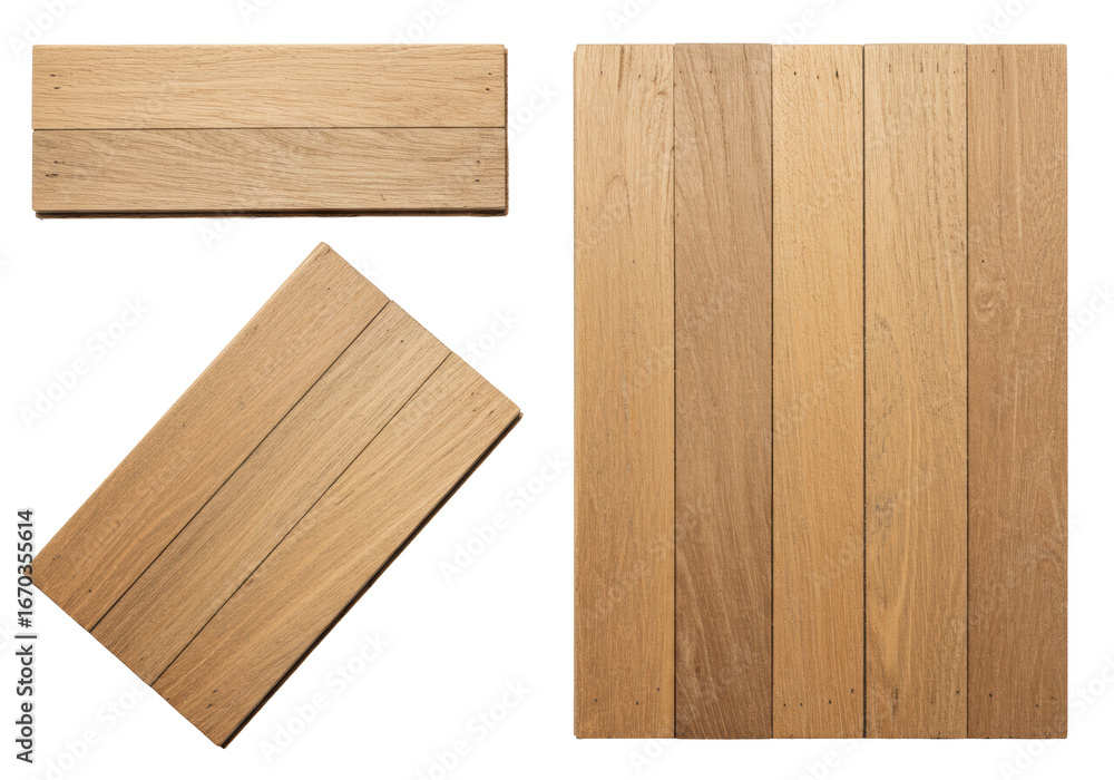 Naklejka premium Three weathered light brown wood planks, distinct grain, isolated on seamless transparent studio background, soft overhead lighting, concept of versatile design elements
