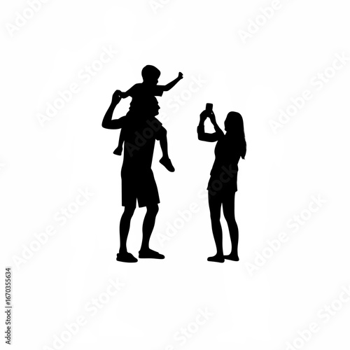 Family silhouette of father giving child piggyback ride while wife photographs them isolated on white background silhouette