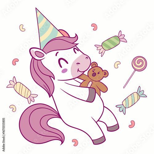 Cute Joyful Horse, accessorized with with a stuffed animal, in a Birthday world – Candy Shop palette vector