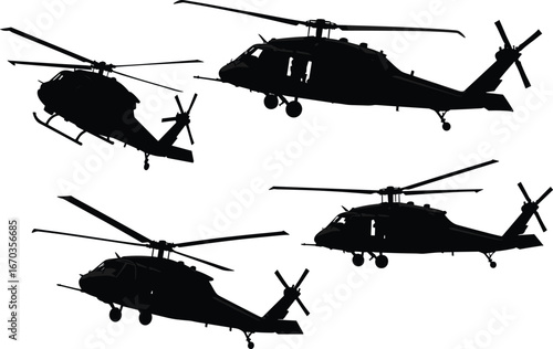 Black Hawk military helicopter vector set with aviation silhouettes, rotor blades, utility transport aircraft illustrations, tactical defense chopper, and combat aviation design elements