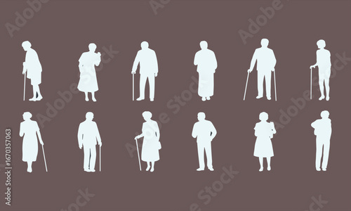 Silhouettes of elderly people, standing, walking, using cane, senior citizens, aging, old age, healthcare, mobility, support, mature lifestyle.