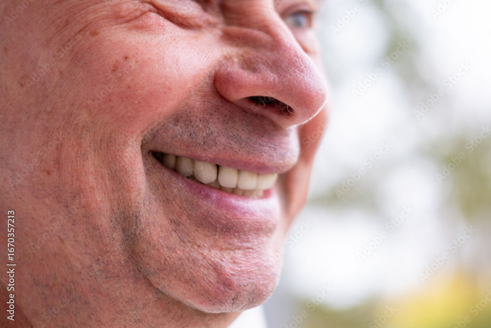 Obraz premium Lower part male face with smiling lips, mouth and nose, skin health closeup, nasolabial wrinkles, natural beauty, dermatology, dermatology, healthy lifestyle, skin texture, cosmetic care, skincare