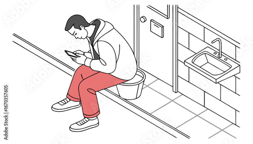 a man in a washroom sitting on camod using phone top view flat vector illustration.