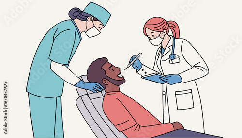Dentist examining patient with nurse assistance. Man visiting dental clinic, sitting in dentist chair. Vector illustration for teeth treatment, healthcare, dental care, stomatology concepts 