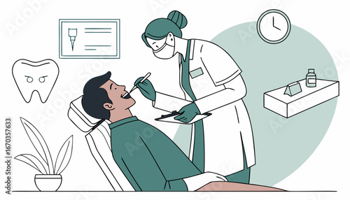 Dentist examining patient with nurse assistance. Man visiting dental clinic, sitting in dentist chair. Vector illustration for teeth treatment, healthcare, dental care, stomatology concepts 