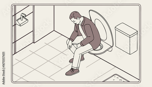 a man in a washroom sitting on camod using phone top view flat vector illustration.