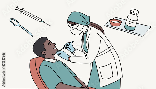 Dentist examining patient with nurse assistance. Man visiting dental clinic, sitting in dentist chair. Vector illustration for teeth treatment, healthcare, dental care, stomatology concepts 