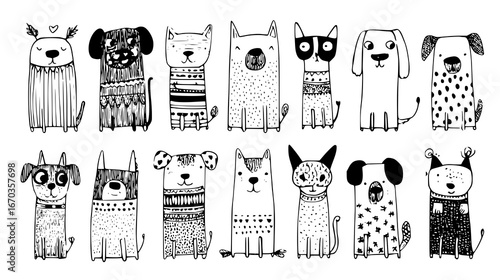 Playful Collection of Cartoon Dog Faces in Black and White with Various Expressions and Patterns