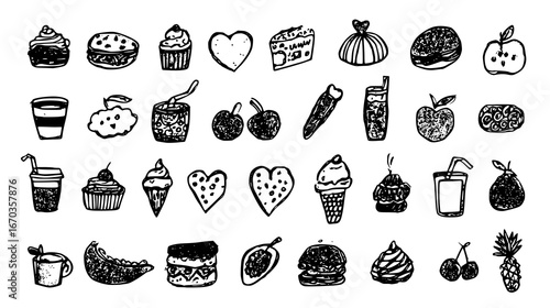 Hand-Drawn Collection of Various Delicious Foods and Drinks Featuring Desserts and Snacks