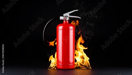 Red fire extinguisher with flames, and safety.