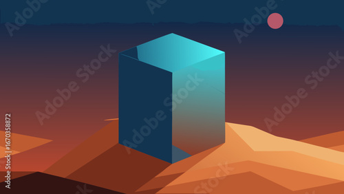 minimalist giant cube glowing desert