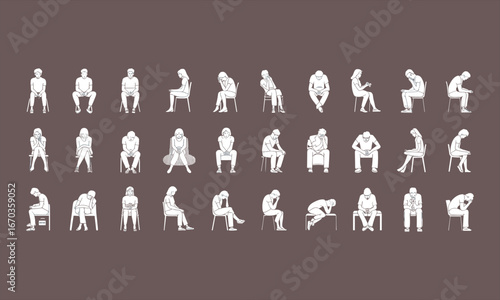 People sitting with sadness, anxiety, depression, stress, loneliness, mental health issues, isolated emotions, thinking deeply, body language, uncomfortable, waiting silently.