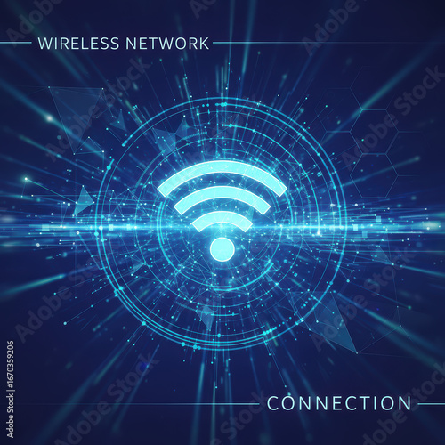 Wireless network and connection futuristic glowing wifi symbol illustration representing global communication data system