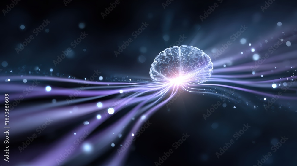 Naklejka premium A digital representation of a brain surrounded by flowing light, symbolizing thought, awareness, and mental processes in a captivating, abstract style.