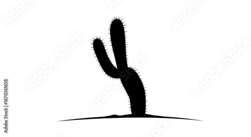 Black silhouette icon of a cactus in a desert plain.