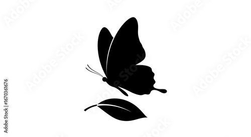 Black silhouette icon of a butterfly hovering over a leaf.
