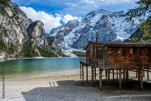 A view to Lake of Braies on the Dolomites, Italy