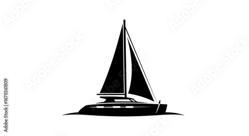 Black silhouette icon of a catamaran with dual hulls and a sail.