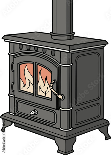 Antique gas stove with a warm flame, isolated on a white background