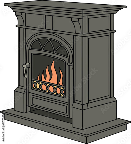 A stone fireplace with a wood-burning stove radiates warm flames, creating a cozy home interior