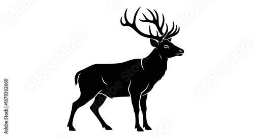 Black silhouette icon of a deer in profile with antlers.