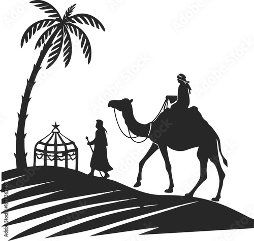 Camels trekking across the Sahara desert in a beautiful sunset silhouette
