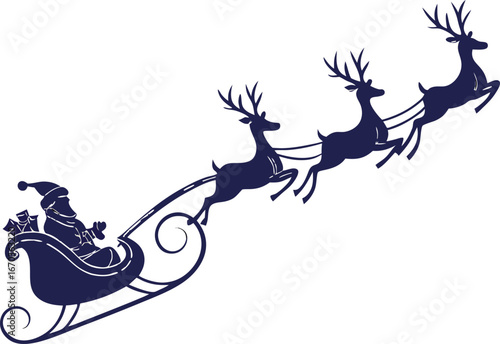 Vector art silhouette of Santa Claus flying in a sleigh pulled by reindeer