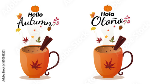 Autumn coffee illustration set with Hello Autumn and Hola Otoño text, pumpkin, leaves, acorn and warm drink elements, English and Spanish version for greeting cards, posters and fall decorations