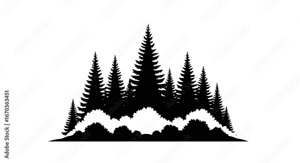 Obraz premium Black silhouette icon of a forest scene with fir trees and bushes.