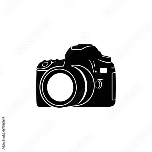 Black silhouette icon of a front-facing DSLR camera.