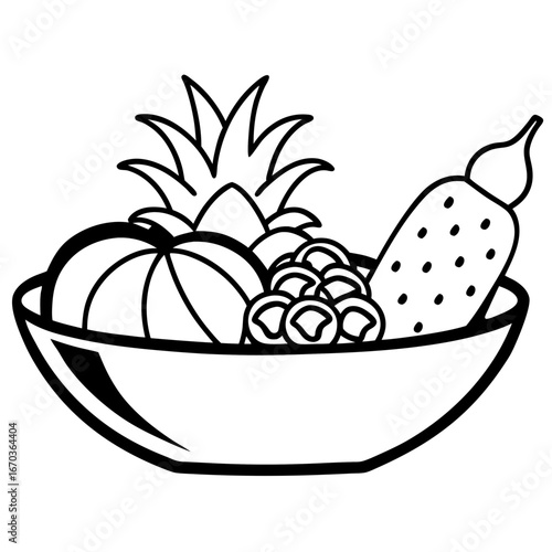 “Rustic wooden bowl filled with assorted tropical fruits”