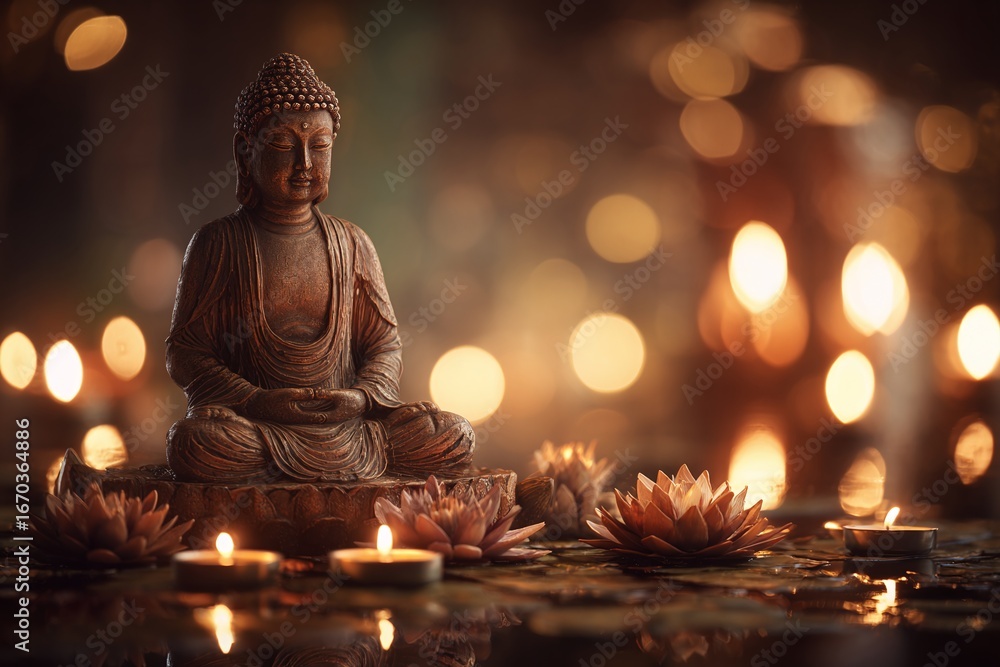 Fototapeta premium Buddha statue sits serenely amidst lotus flowers and warm candlelight, promoting peace and meditation