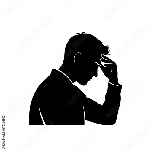 Black silhouette icon of a man rubbing his forehead.