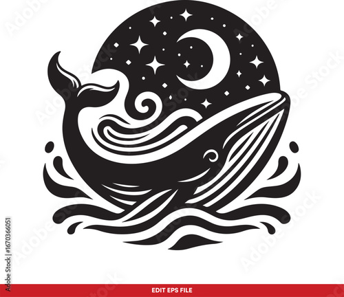 Dreamy Whale in Starry Night Ocean Waves