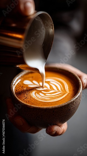 A barista expertly pours milk into a coffee cup, forming elegant latte art in a close-up shot.