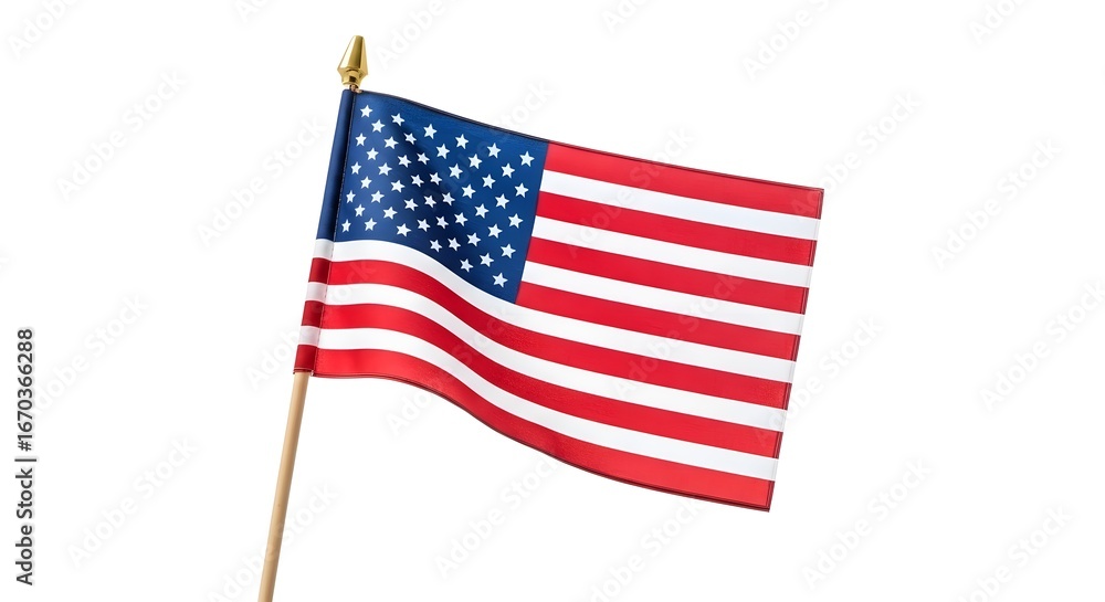 Fototapeta premium American flag waving on a flagpole, isolated on white background