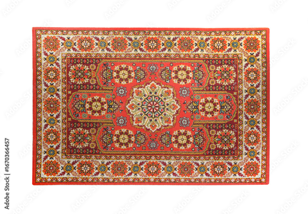 Obraz premium Soft red carpet with pattern isolated on white, top view. Used stuff