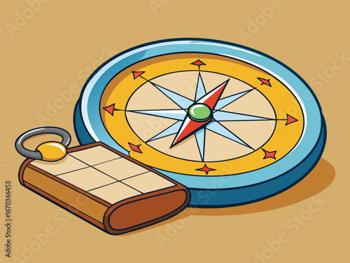 Vector art of a navigational compass with a keychain and a small notebook, representing direction and exploration