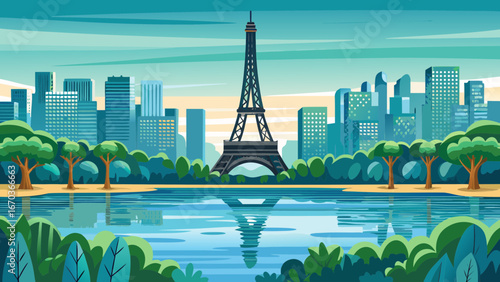 Eiffel Tower and City Skyline by the River Illustration