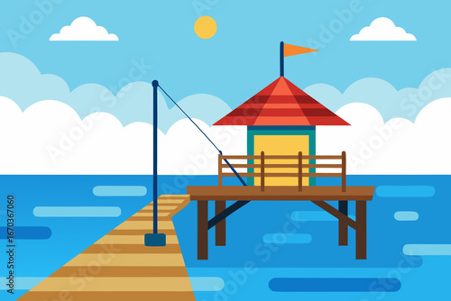 Colorful Beach House on Wooden Pier with Blue Ocean Background