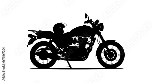 Black silhouette icon of a motorcycle parked with a helmet.