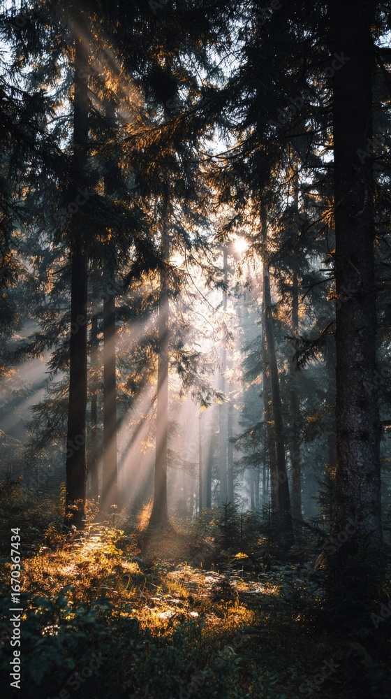 Fototapeta premium Sunlight filters through trees, creating a magical, light-filled forest scene.