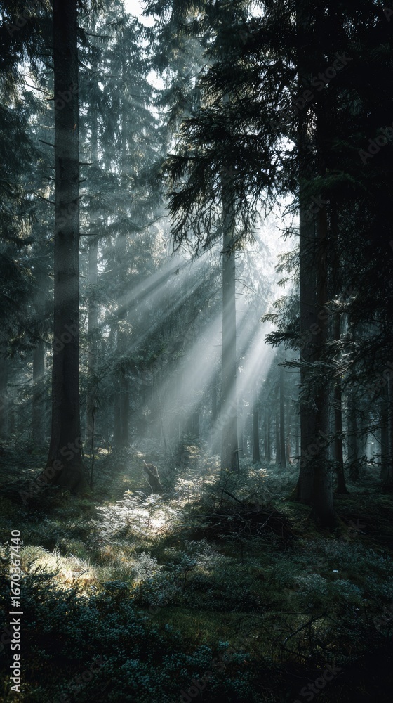 Fototapeta premium Sunlight filters through a misty forest, creating a magical, serene atmosphere.
