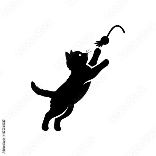Black silhouette icon of a playful kitten jumping.